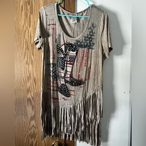 Vocal Tan Fringe Blouse with American Flag Boot Design